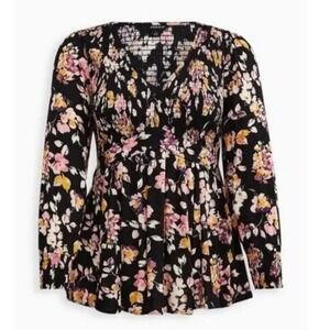 Torrid Dark Floral Top Sz 1X Crinkle Long Sleeve Babydoll Whimsigoth Witch Fairy